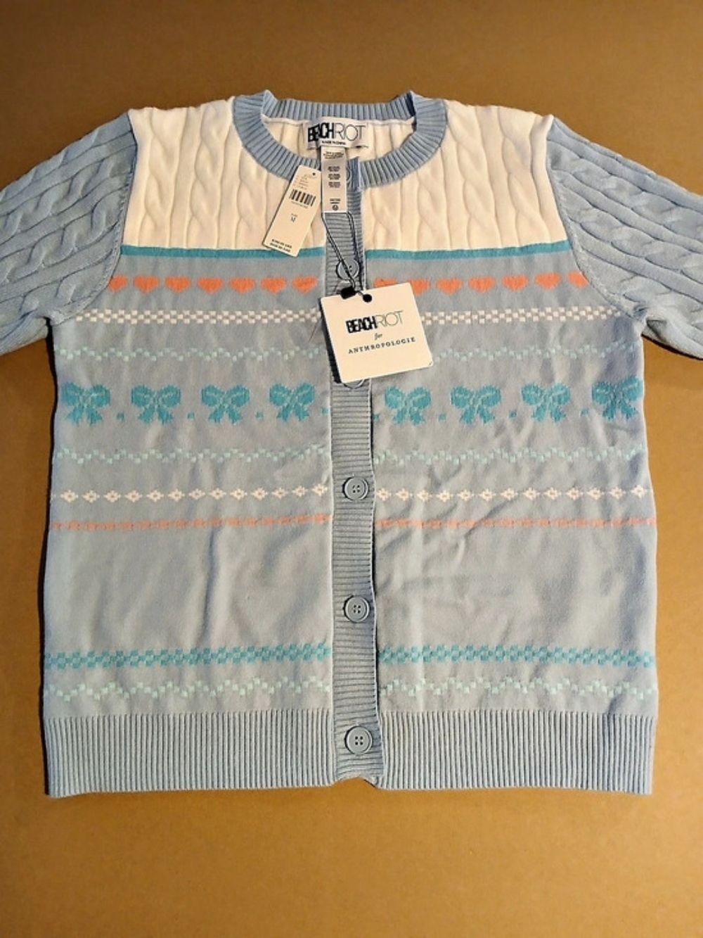 Beach Riot Ally Bow Cardigan Blue & White Medium Cottagecore Farmhouse Preppy
